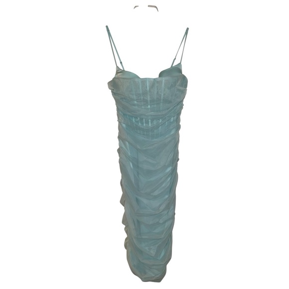 NWT Oh Polly Eftychia Corset Aqua Blue Ruched Mesh Midi Dress Size 6 - Picture 3 of 9